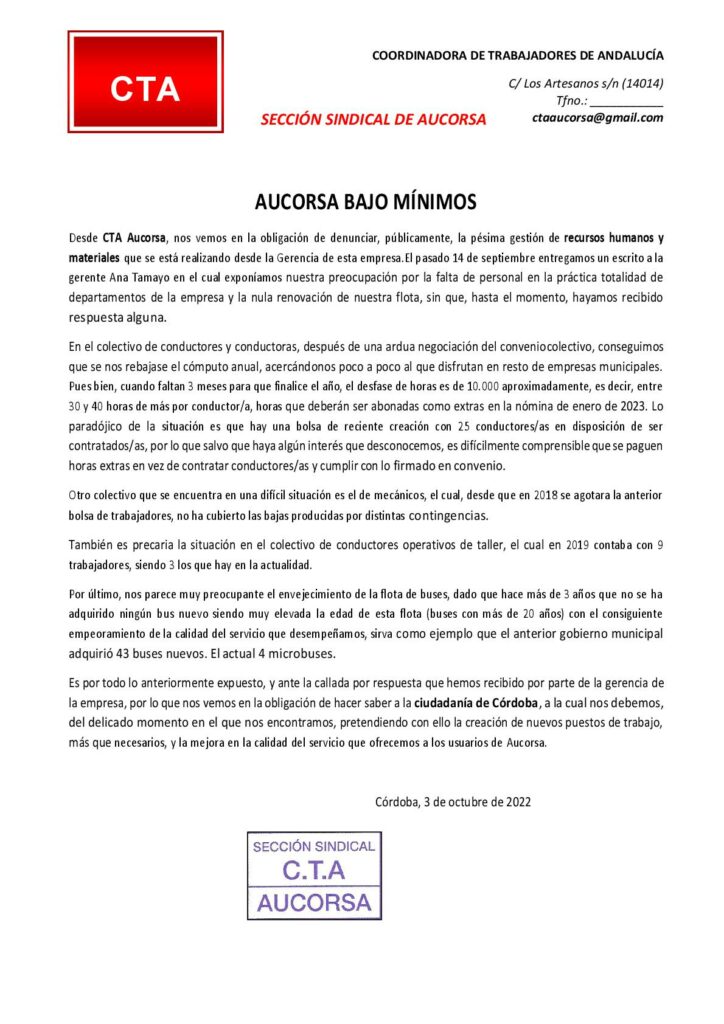 Comunicado de la sección sindical de CTA en la empresa Aucorsa