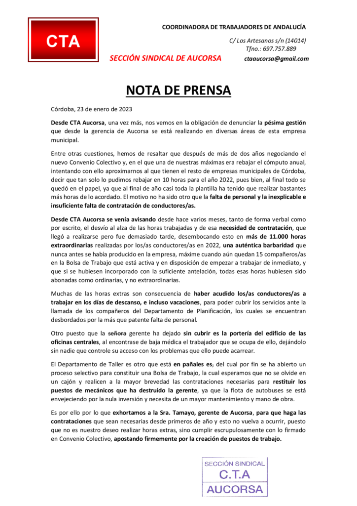 Nota de prensa Aucorsa